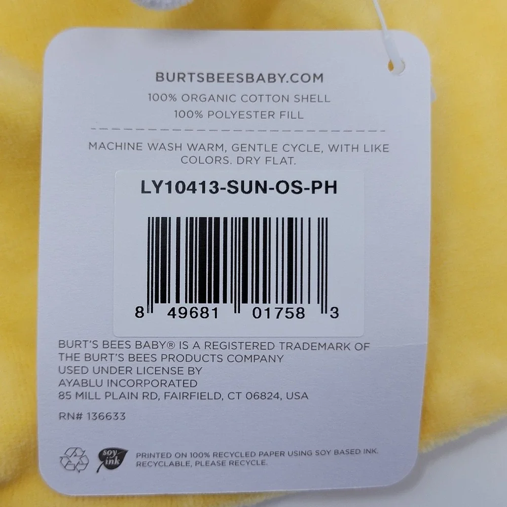 NWT Burt's Bees Baby Yellow Hold Me Bee Lovey Organic Cotton Security Blanket